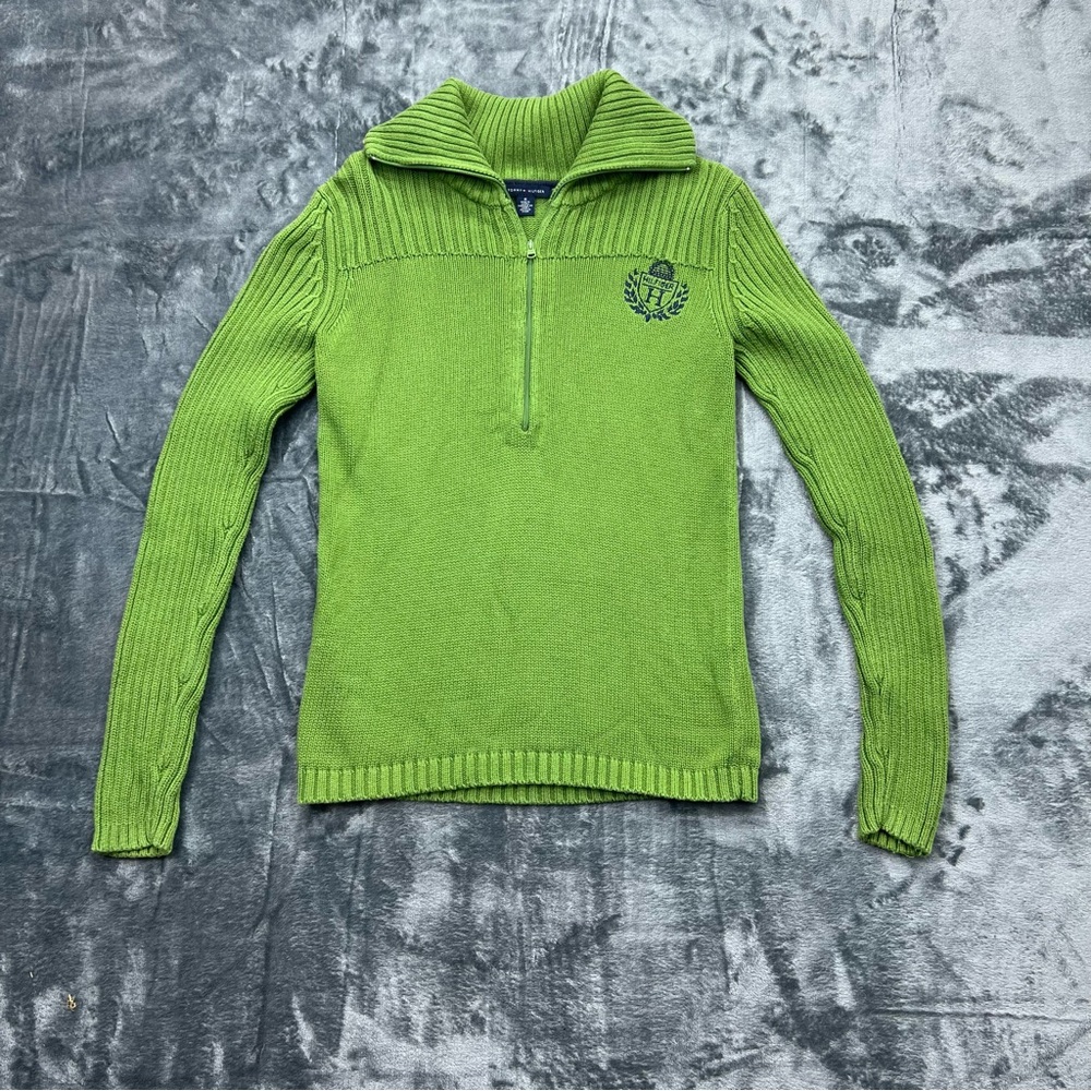 VTG Tommy Hilfiger Woman’s Green Size M 1/2 Zip Shawl Sweater Embroidered Crest - Picture 7 of 8